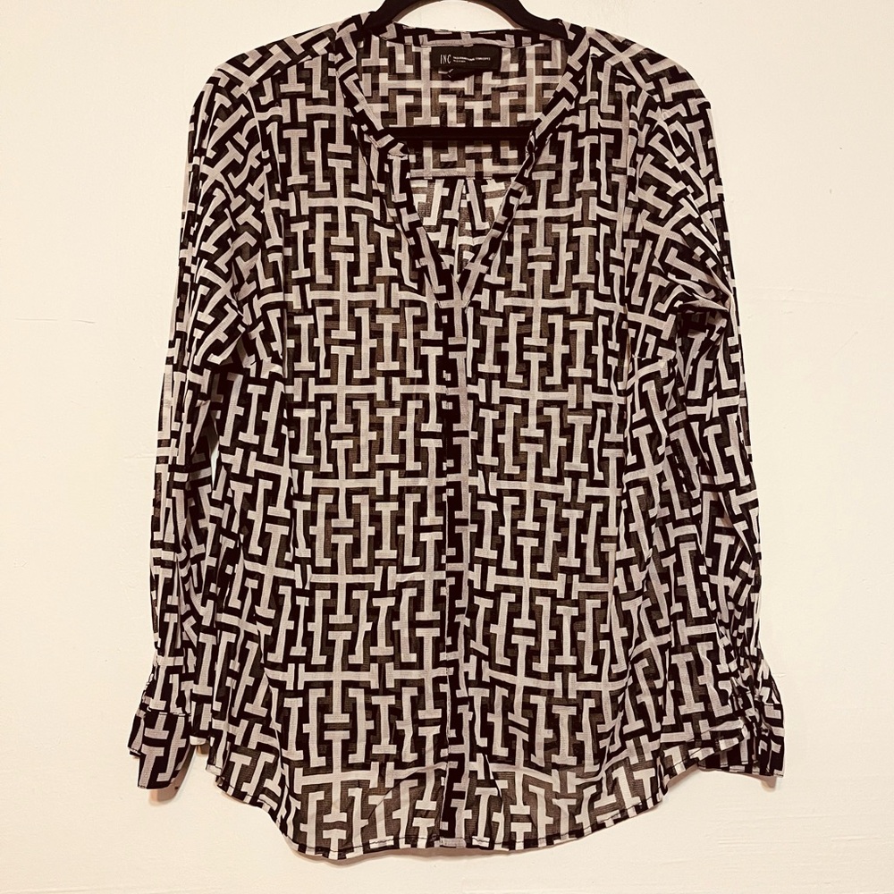 INC International Concepts Black and White Patterned Button Down Shirt